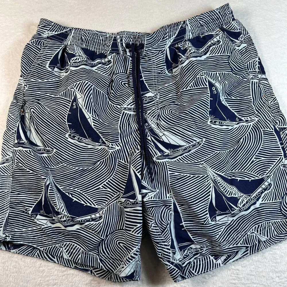 Reyn Spooner Swim Trunks Shorts Mens M‎ Blue Sailboat Nautical Lined Drawstring